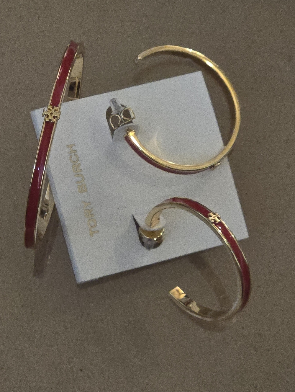 Tory Burch Gold Hoop Earrings with Red Enamel Inlay